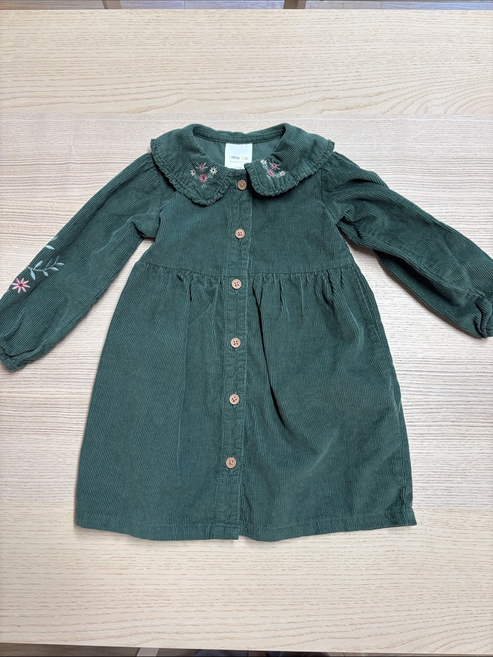 Girls' Forest Green Corduroy Button-Front Dress with Embroidered Collar